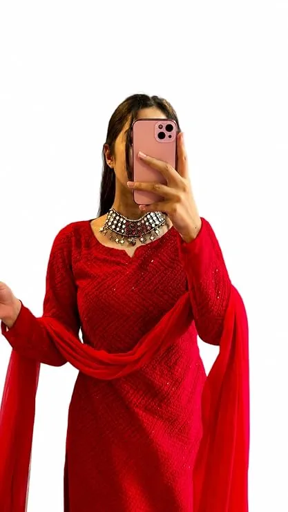 Yashika Women's Chikankari Georgette Embroidery Kurta Set with Pant and Dupatta 