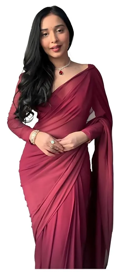 StyleScope Women's Plain Georgette Ready To Wear One Minute Saree With Unstitched Blouse Piece (Kalki)