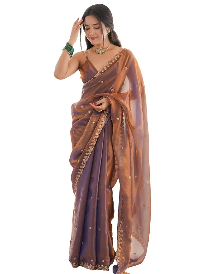 AKHILAM Women's Shimmer Tissue Embroidered Saree With Unstitched Blouse Piece