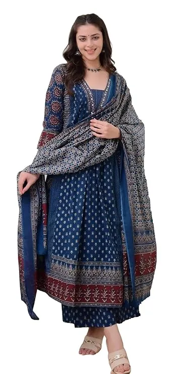 KLOSIA Women's Rayon Printed Anarkali Kurta and Pant with Dupatta Set