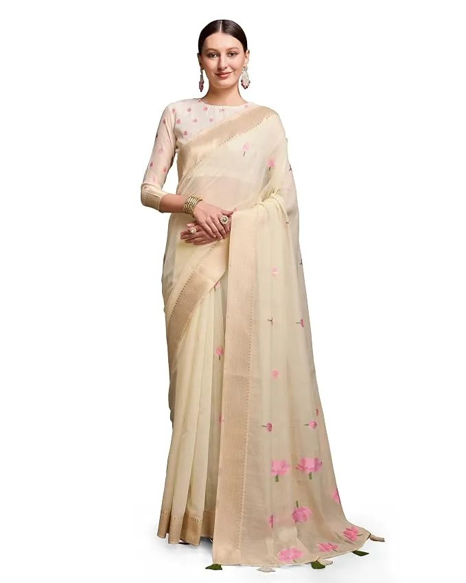 SWORNOF Womens Linen Silk Saree | Saree for Women With Unstitched Blouse | Saree with Blouse Piece | Soft and Skin Friendly