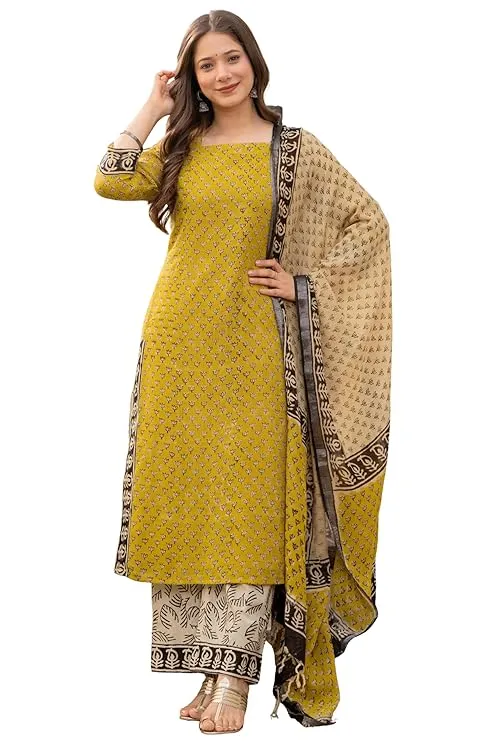 Amayra Women's Pure Cotton Straight Kurta Set with Palazzo Pants & Dupatta