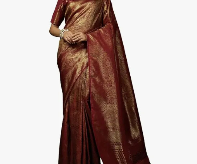Vardha Women's Kanchipuram Art Silk Saree with Unstitched Blouse Piece - Zari Woven Work Sarees for Wedding