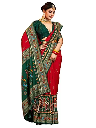 AKHILAM Women's Patola Silk Peacock Woven Design Zari Work Saree