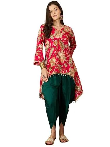 EthnicJunction Women's Rayon High-Low C-Cut Kurta with Dhoti Pant Set | Wedding Kurta Set
