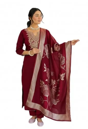 ELLITI Women's Solid Reach Color Embroidered Kurta with Floral Dupatta and Straight Pants