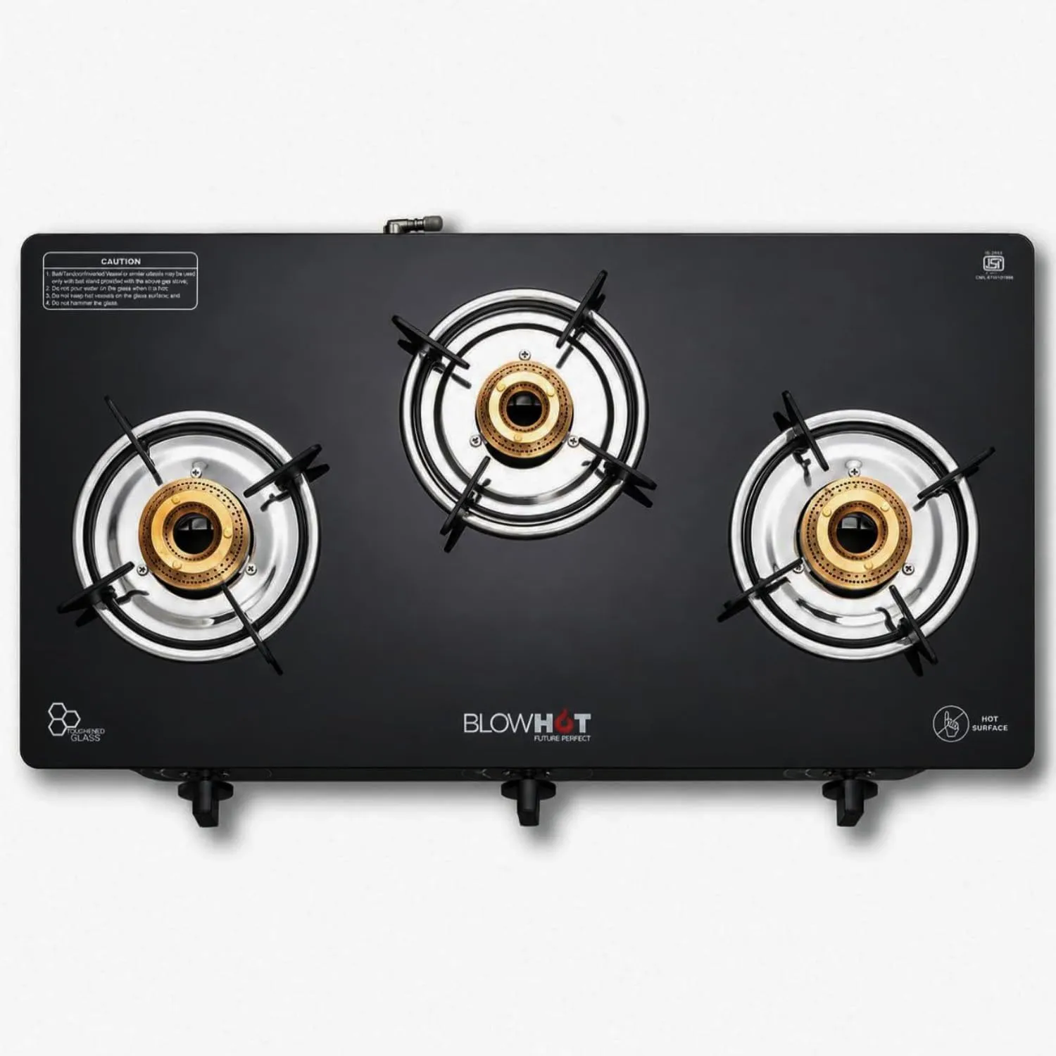 BLOWHOT Majesty 3 Burner Auto-Ignition Gas Stove - 72cm, 6mm Toughened Glass Top | Brass Burner, SS Drip Tray - Warr: 2 Yr General, 2Yr On Burner, Valve, Glass - DOORSTEP SERVICE, ISI Certi. (Black)