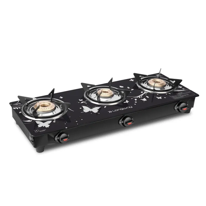 Longway Astra Glass Top, 3 Burner Manual Ignition Glass Gas Stove (Black, ISI Certified, 2 Year Warranty)