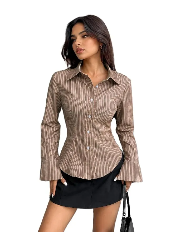 Women Shirt||Women Relaxed Fit Vertical Striped Spread Collar Cotton Casual Shirt (S-12-19)