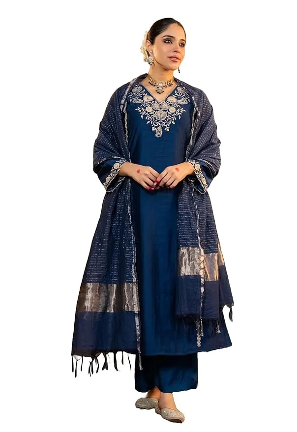 Klosia Women's Embroidery Solid Straight Kurta and Pant Set with Dupatta