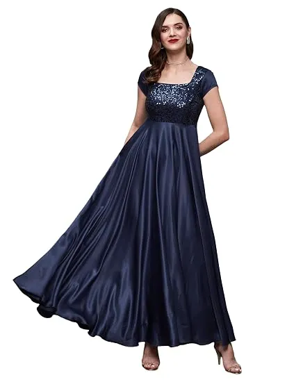 Miss Chase Women's Navy Blue Embellished Maxi Dress: