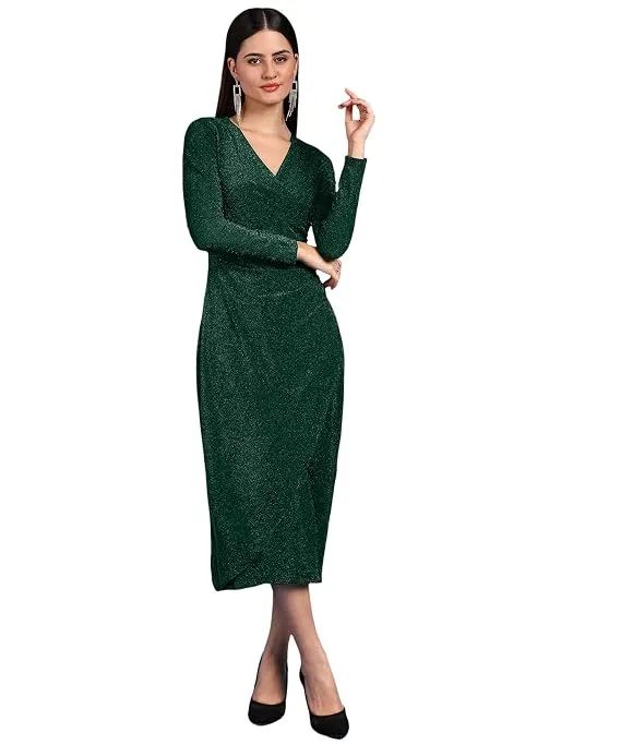 SAFFE Women's Stylish Casual Evening Textured Full Sleeve V-Neck Bodycon Midi Dress
