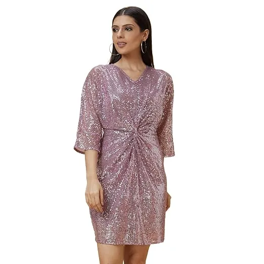 Globus Women Pink Embellished V-Neck Midi Bodycon Dress