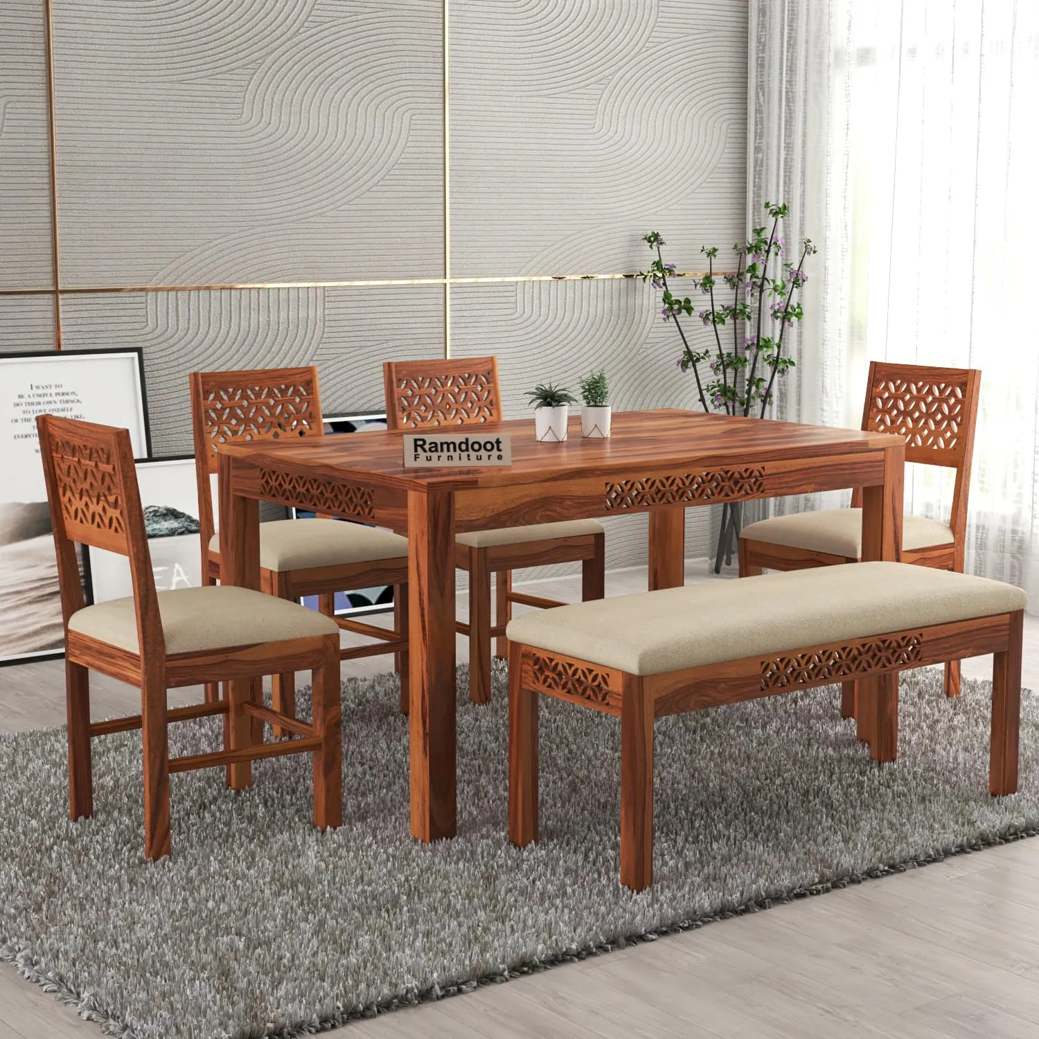 Solid Sheesham Wood Dining Table Set 6 Seater