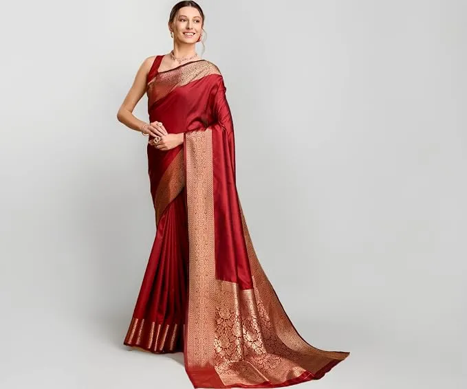 SWORNOF Women's Silk Kanjivaram Kanchipuram Saree With Blouse Piece