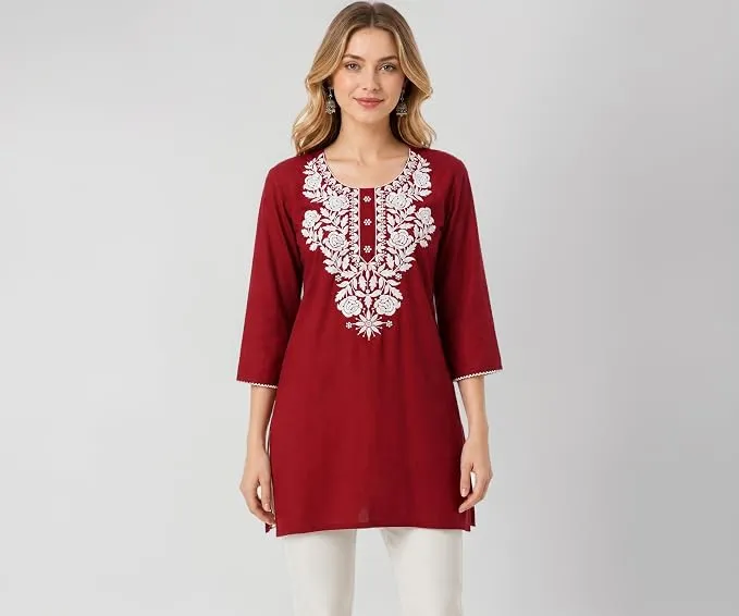 LIBOZA Kurti for Women - Short Chikankari Kurtis for Girls, Lakhnawi Tunic Top Kurta Design for Ladies, Woman Ethnic Kurthis & Shirt with Sleeve