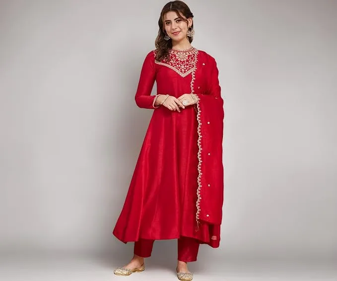 MOKOSH Women's Embroidered Silk Anarkali Kurta Pant with Dupatta