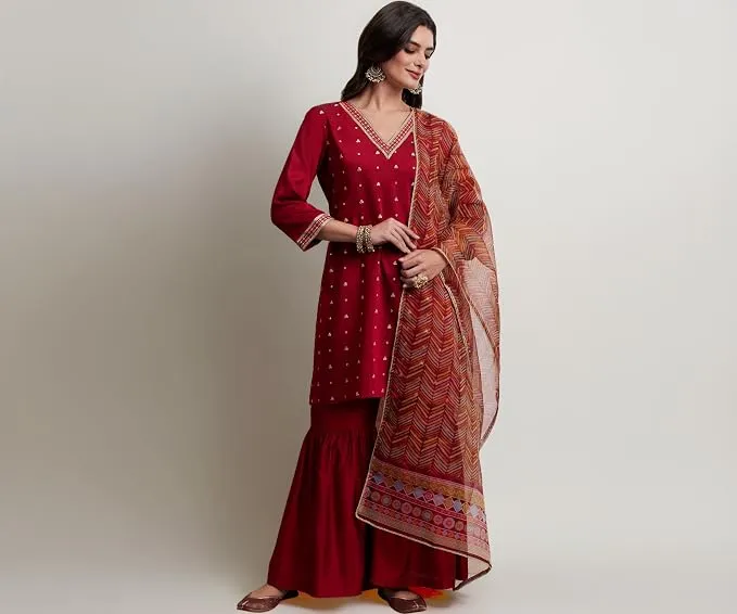Amazon Brand - Myx Women's Straight Kurta Set With Sharara Pant | Printed Dupatta (Available In Plus Sizes)