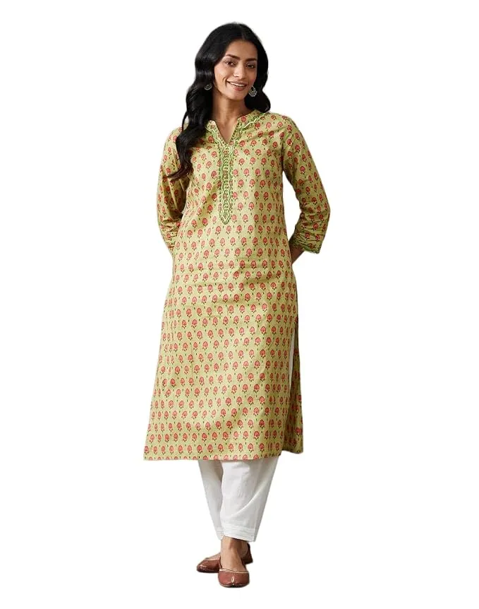 Fabindia Women's Cotton Regular-Fit Printed Long Ethnic A-Line Kurta