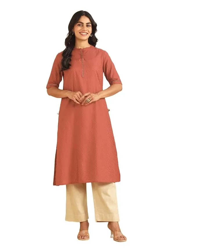 Fabindia Mustard Cotton Hand-Embroidered Slim-Fit Long Kurta