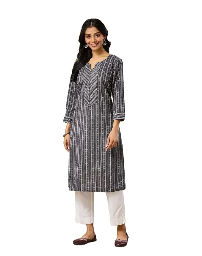 Fabindia Women's Cotton Slim-Fit Knee-Length Straight Kurta