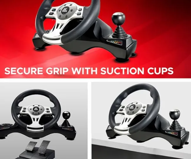 Ant Esports GW190 Racing Steering Wheel with Pedals & Shifter, 270 Rotation, Universal USB, Compatible with PC, PS4, PS3, Xbox One, Xbox Series X/S, Nintendo Switch & Android TV (Black/Silver)