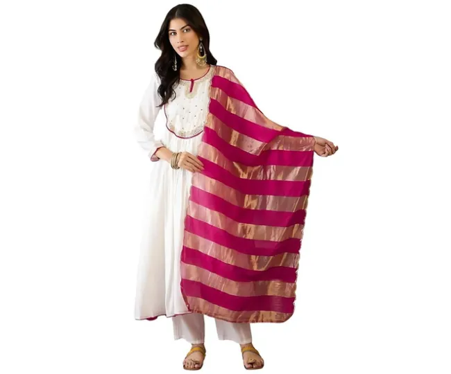 Naixa Women's Chanderi Embroidered Flared Kurta with Pant and Dupatta Set