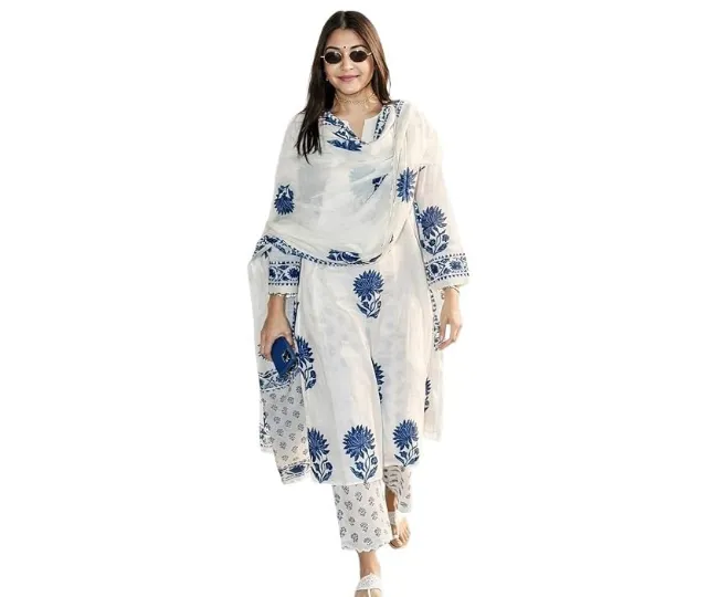  Nermosa Women's Hand Block Floral Printed Straight Kurta Set