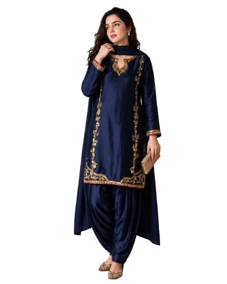 Suppar Sleave Women's Navy Blue Embroidered Kurta Set with Patiala Pant & Dupatta | Ethnic Suit Set