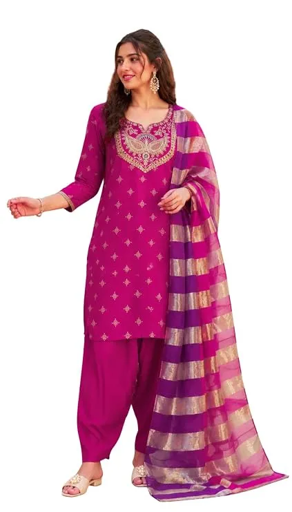Women's Viscose Silk Embroidered & Printed Straight Kurta Set with Patiala Pant and Double Zari Dupatta 2.10 Meter |Round V-Neck 3/4 Sleeve Ethnic Suit Set