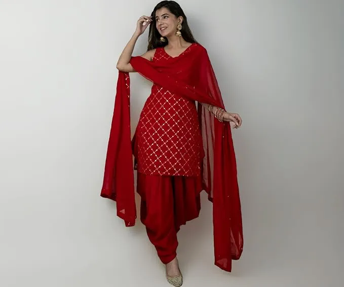 Xomantic Fashion Red Color Readymade punjabi Style Festival Wear Kurta patiala Set with Dupatta