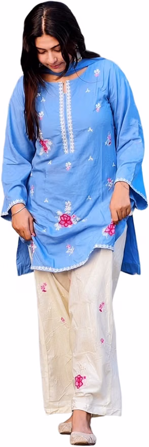 ANNI DESIGNER Farshi Salwar Suit for Women | Cotton Blend Embroidered Straight Kurta with Dupatta | Farsi Farasi Parsi Salwar Suit Indian Office Party Wedding Clothing Fashion 3 Piece