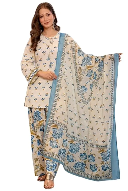 KLOSIA Womens Floral Printed Farshi Salwar Suit Set with Dupatta | Straight Kurta, Wide-Leg Salwar&Dupatta | Traditional Ethnic Wear Set | Kurta Sets for Women