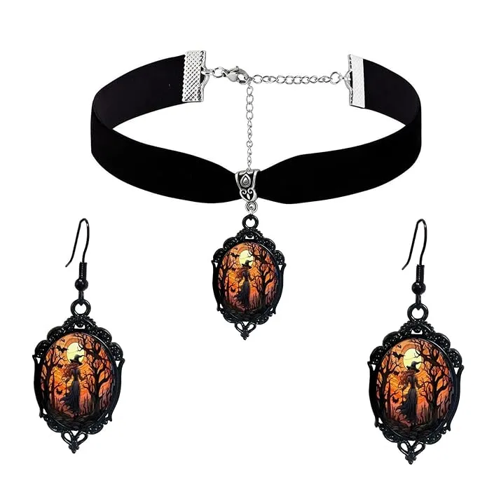 PINK TOWN Gothic Necklace Earrings Set for Women