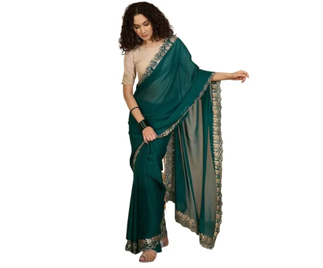 IRIL Women's Shimmer Georgette Embroidery, Scalloped Border Saree