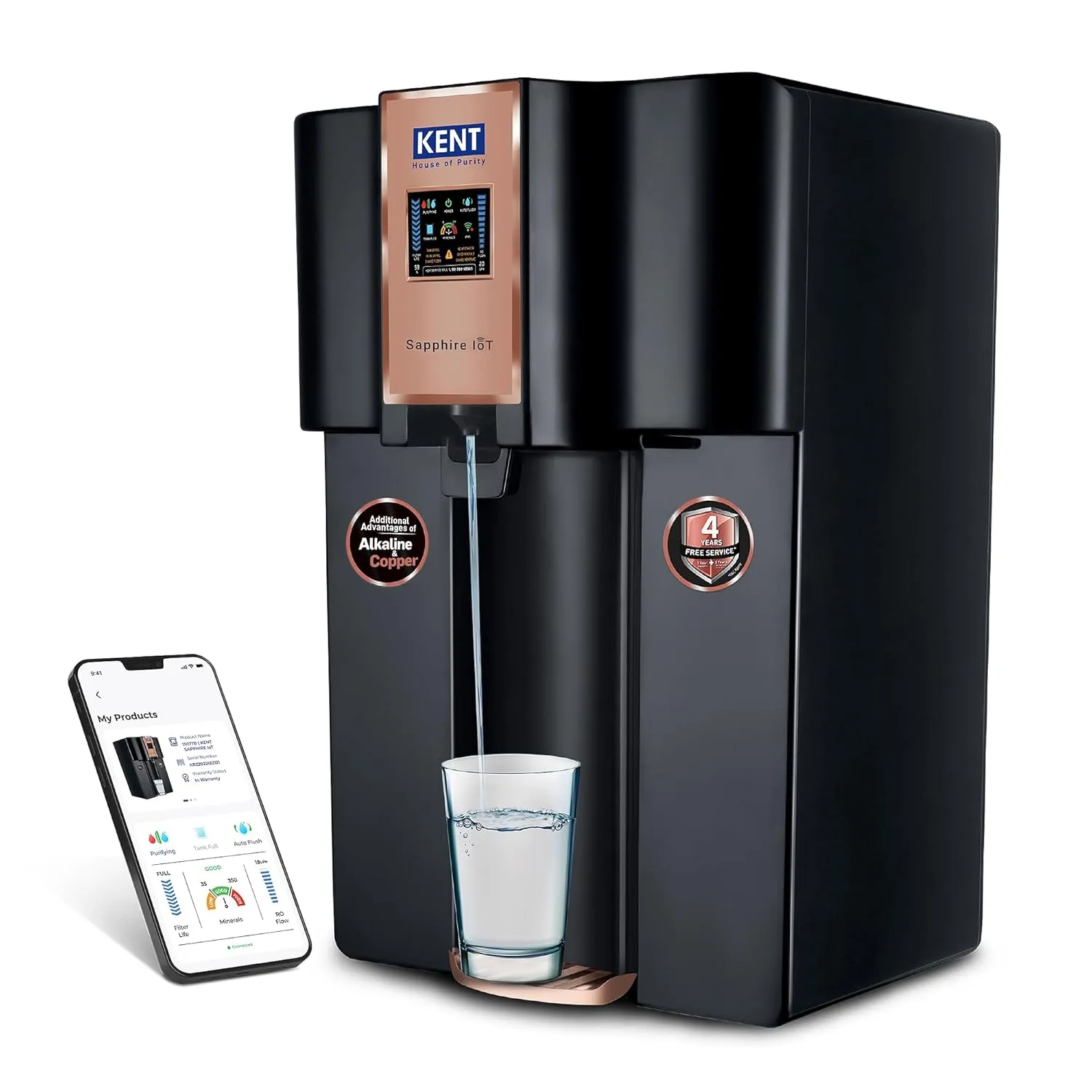 KENT Sapphire IoT RO Water Purifier | 1 Yr Warranty | RO+UV+UF+Alkaline+Copper+TDS Control+UV in Tank | IoT Enabled | 8L | 20 LP/Hr | Ideal For Borewell/Tanker/Municipal Water