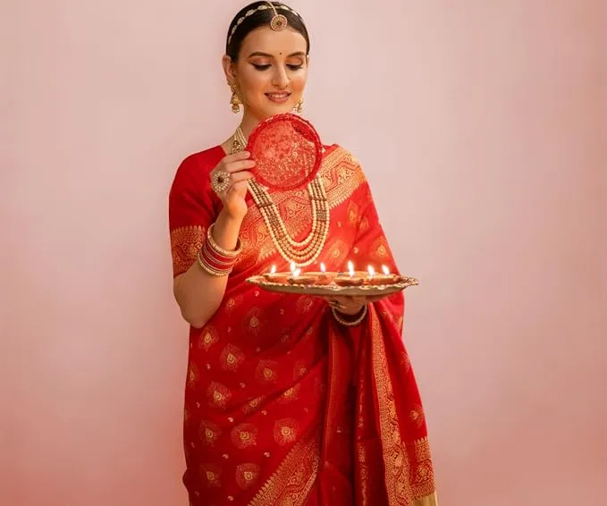 EthnicJunction Women's Paithani Silk Blend Woven Saree With Blouse Piece |Wedding Saree | Red Saree